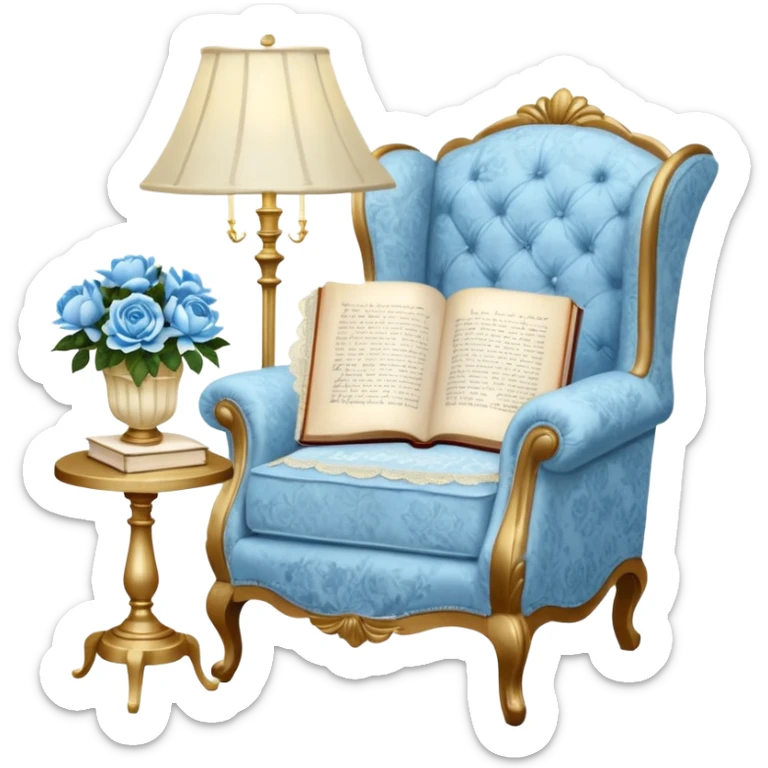 A cozy vintage-inspired reading nook, with an overstuffed ivory armchair, a golden reading lamp, and a bouquet of soft blue roses, white peonies, and dahlias resting on a small lace-covered side table, as a pearl butterfly gently rests on the open book.  sticker