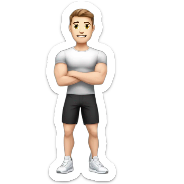 Pale skinned Fit Man With the biceps and brown hair in black shirt, gray sports shorts and white Sneakers Writing text on the flipchart sticker
