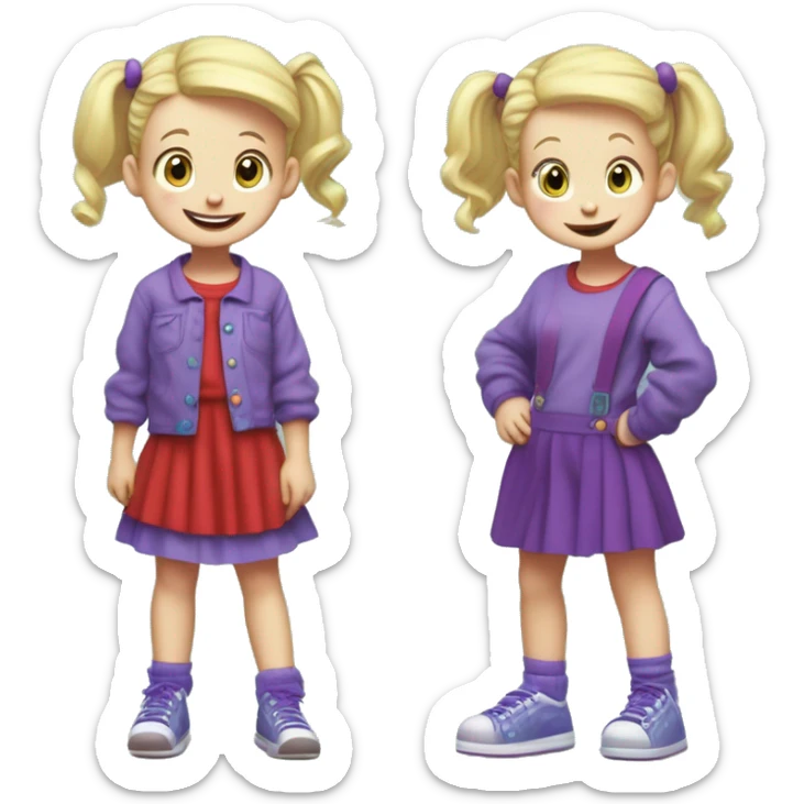A little blonde girl with pigtails and little purple bows wearing a red long-sleeved shirt and purple overalls skirt with blue tights with green polka dots and purple sneakers, full body, rugrats sticker