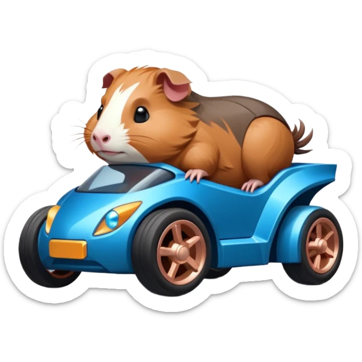 dark crystal blue and rosegold-accented cyber truck style-faceted-body electric racing car driven by a small cute but relaxed Guinea pig with rear spoiler, roll bar, and wheely bar sticker