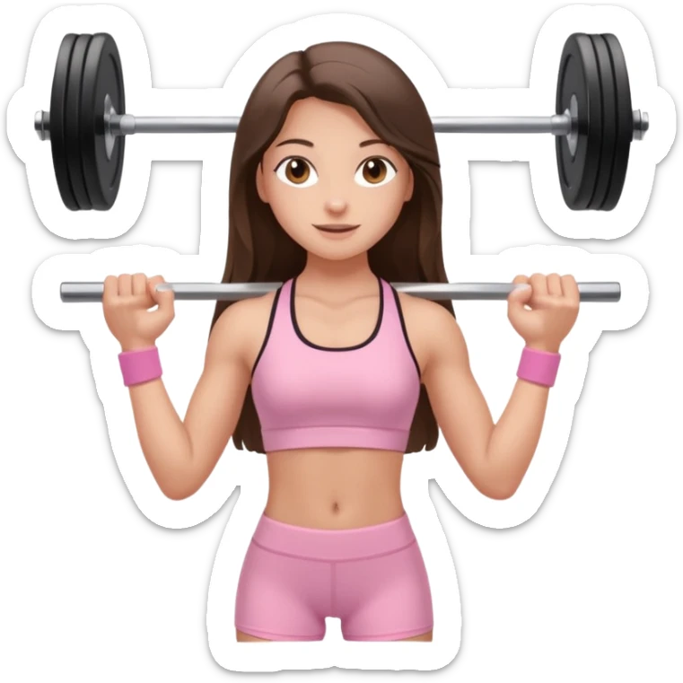 white happy brunette teen long hair with hazel eyes in light pink workout clothes holding a barbell  sticker