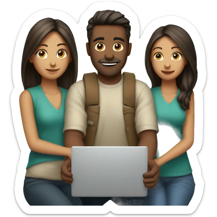 2 girl and 3 man each of them holding laptop and sit together  sticker