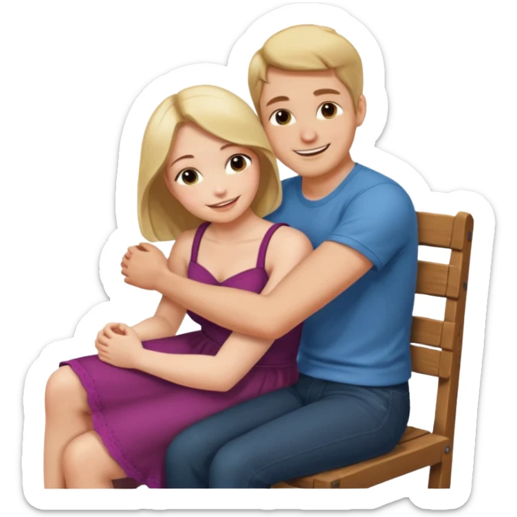 A woman sitting on a man's lap straddling him on an armless wooden chair.face to face  sticker