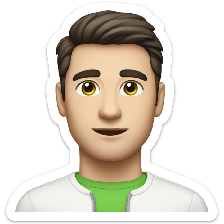Man with short, dark brown hair with a minimal quiff and green eyes. Have friendly expression, be dressed in a white elegant shirt, and be shown with AirPods and MacBook sticker