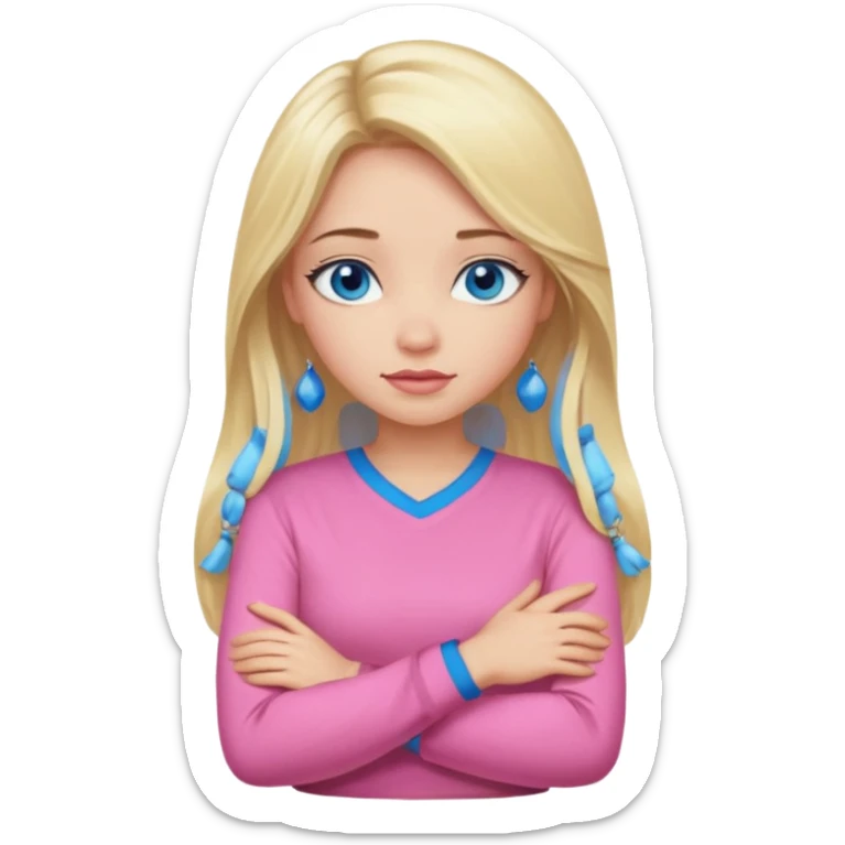 A girl with blue eyes, full lips and blonde long hair in a pink blouse shows no with her hands, crossing them sticker
