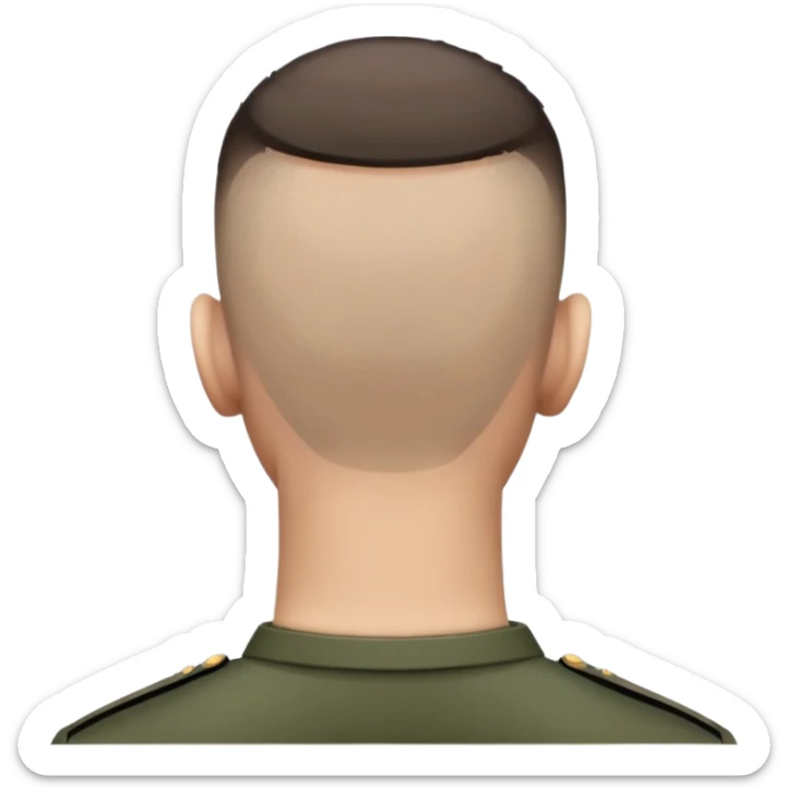 back of a soldier's head with military haircut, showing short hair and neck sticker