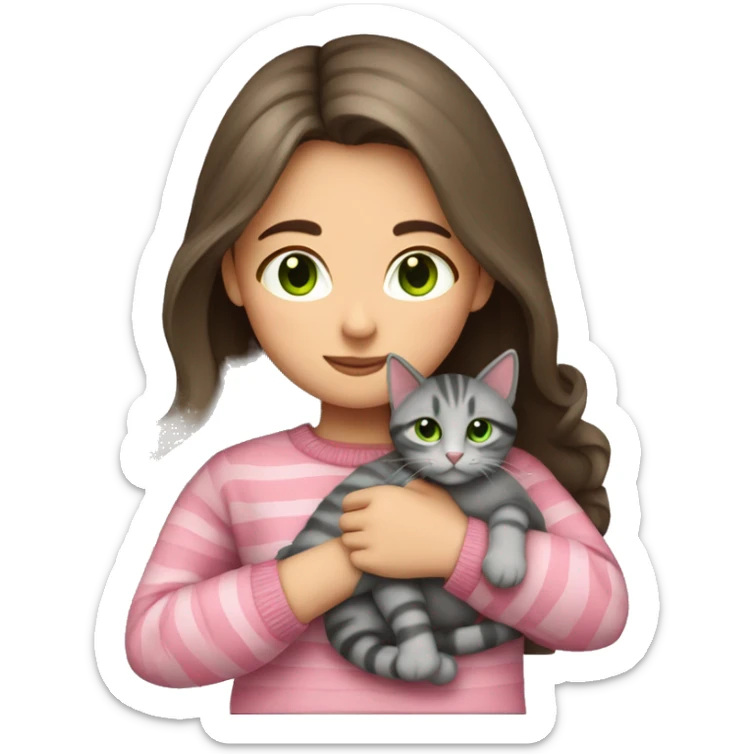 Brunette girl with long hair and green eyes in a pink sweater hugs a gray striped cat sticker