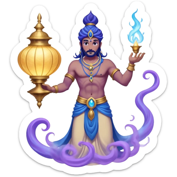 mystical fantasy illustration of a powerful jinn emerging from an ancient golden lamp. Glowing blue and purple smoke spirals upward in a smooth circular motion, creating the illusion of a looping animation.  sticker