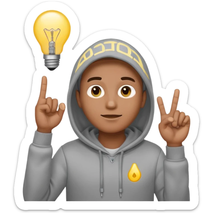 entrepreneur in a hoodie with a light bulb above head, finger raised, emoji style sticker