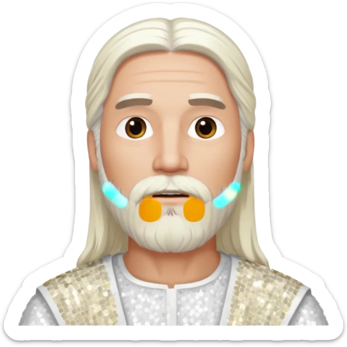 Jesus, Son of God from Gods and Goddesses with long white hair and beard, white sequin outfit sticker