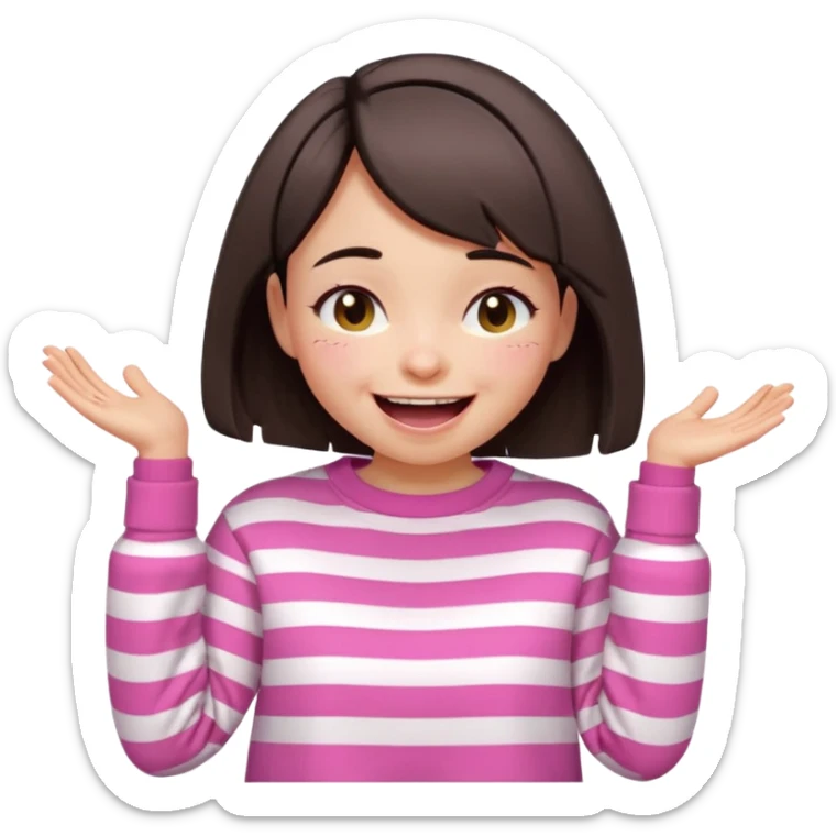 Emoji of a cute 3D girl with short dark brown bob hairstyle, wearing a pink and white striped sweatshirt. She is laughing uncontrollably, tears of joy, white background sticker