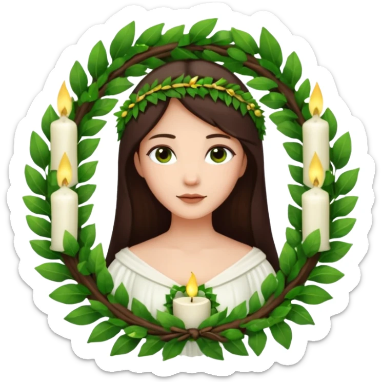  saint lucia with dark brown hair with a white gown and a wreath made from greenery with candles on top of the wreath sticker