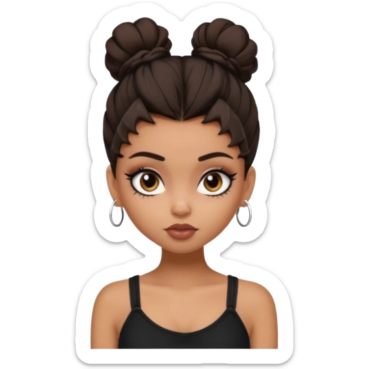 generate a pretty bratz girl in black cami top, dark brown messy bun, eyeliner on. dark brown eyes sticker