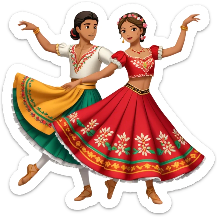 Cinematic Realistic scene of two dancers performing the Tarantella, dressed in vibrant, flowing traditional costumes with detailed embroidery and dynamic skirts, captured in festive motion with warm, lively lighting sticker