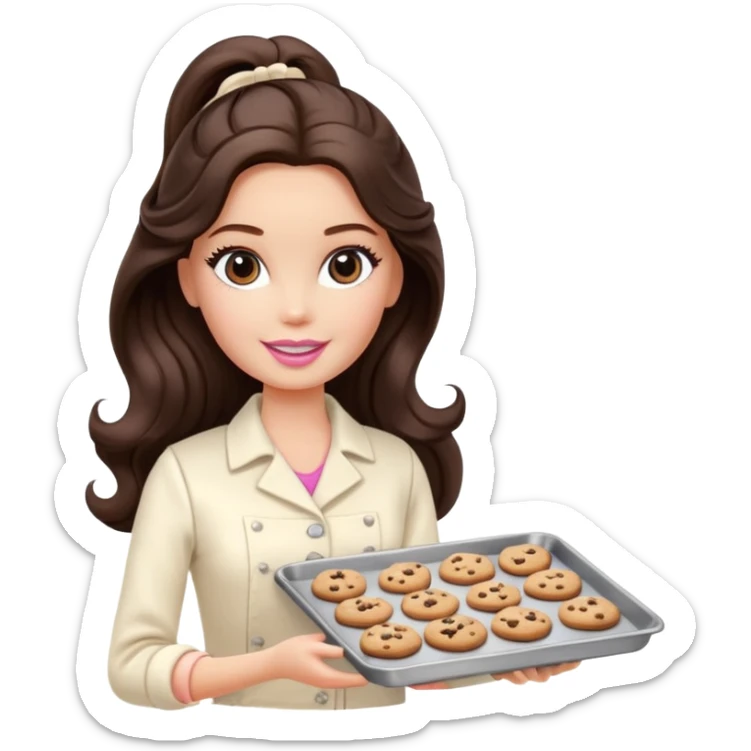 A Barbie girl with long dark brown wave hair in a cream clothes holds a Baking tray with cookies sticker