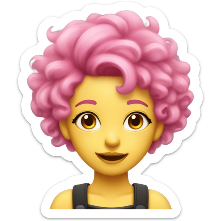 pink haired pink skin (and by pink i do mean PINK pink) girl with black eyes, yellow irisis, beige horns, smile, fluffy hair sticker