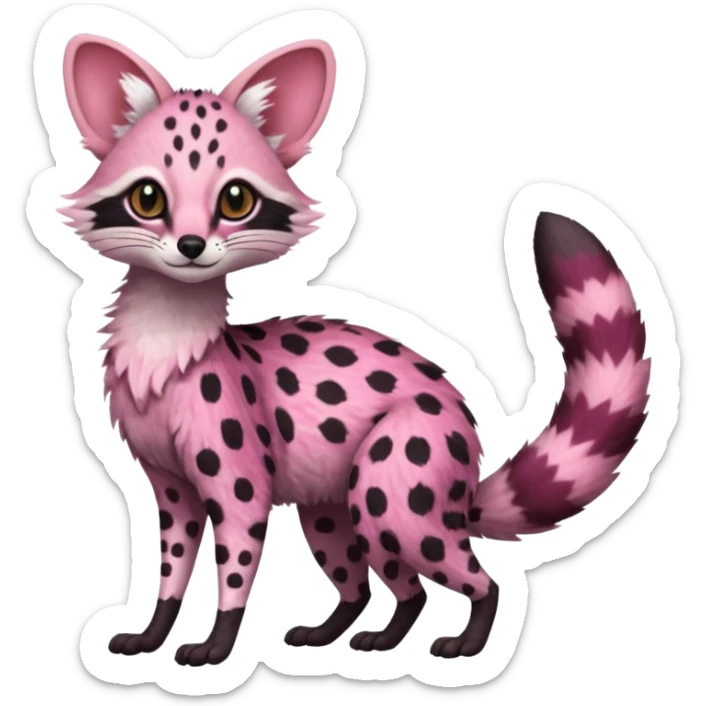 Pink-spotted genet-Trico-Vernid-Cacomistl-Fakémon-hybrid-fusion-creature (full body) sticker