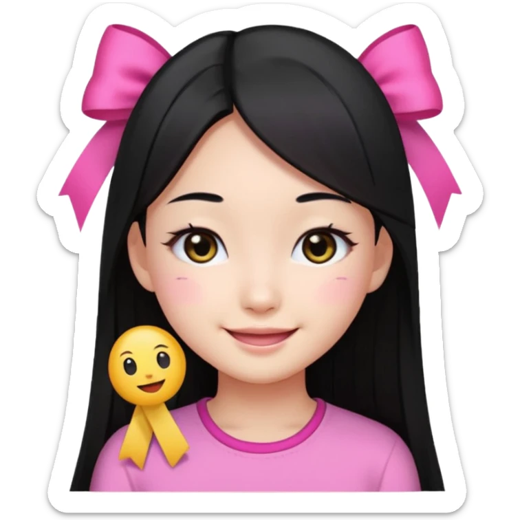 Korean girl with long straight black hair and black eyes, smiling, emoji style sticker