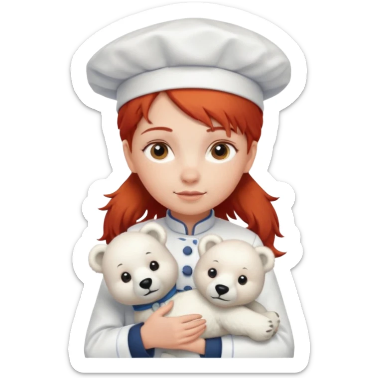 girl kid italian chef, red haired, uniform, holding plush polar bear sticker