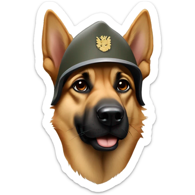 german shepard light brown dog, only the edge of the nose is black, wearing a modern military helmet sticker
