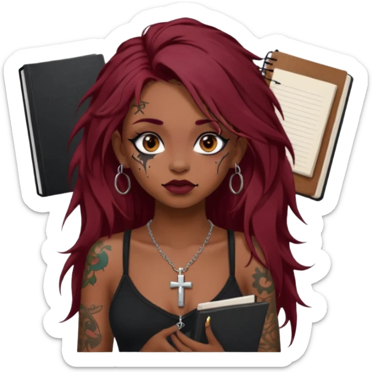 generate an ios genmoji of a dusky girl with long dark red messy hair with eyeliner on her eyes. septum piercing, wearing a cami black top, has tattoos, on shoulders. ear piercings. wearing a cross silver necklace. carrying a lot of sketchbooks


no tattoos on face sticker