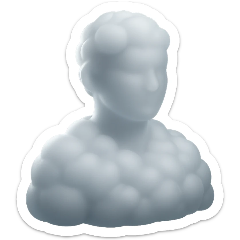 shoulder-up person fully made of white fluffy convex clouds, matte glass style sticker