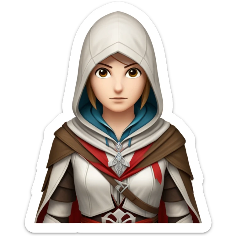 icon featuring Assasin's Creed in an iconic assassin's hood, standing tall. Florence is on background. The design captures the essence of adventure, with intricate details of historical architecture and a sense of mystery. The character is poised, ready for action. transparent background. sticker