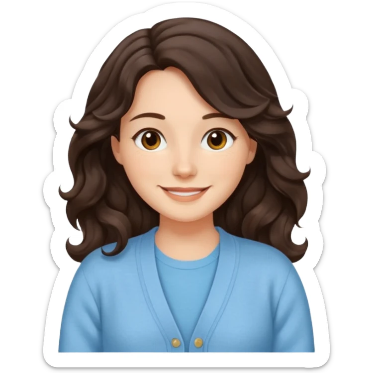 Juli – Cewe Perasa Kulit putih lembut, rambut coklat gelap panjang bergelombang natural, terurai. Pakai cardigan biru muda terang Duduk ekspresi senyum sticker