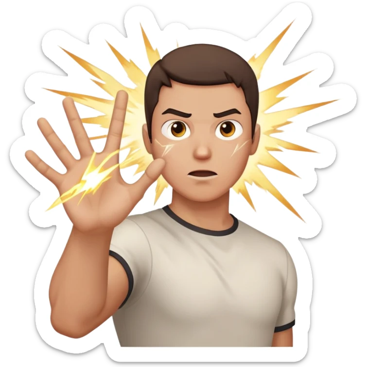 person aiming open palm hand at viewer, hand takes up most of the image, wrathful destructive facial expression, lightning blasts in background sticker
