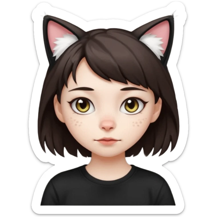 a girl with pale skin, short dark brown hair with lots of dandruff , cat ears and a tail, with a black t-shirt on sticker