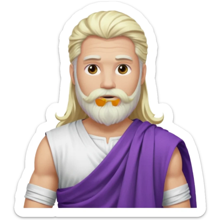 Jupiter from The Olympians with long platinum blonde hair and beard, purple toga sticker