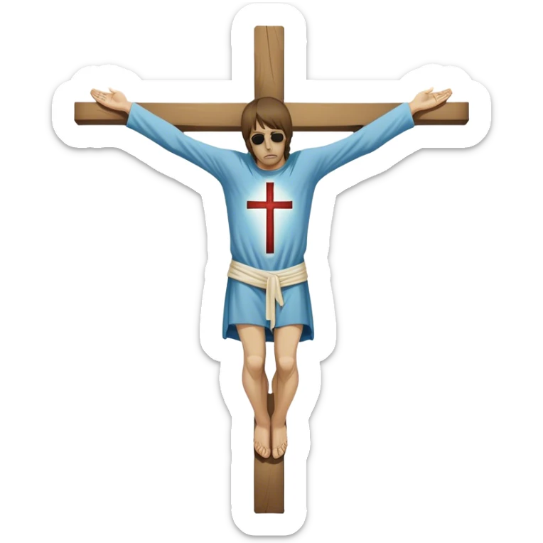 Crucified Liam Gallagher in the style of Jesus full body on cross in mod clothing sticker