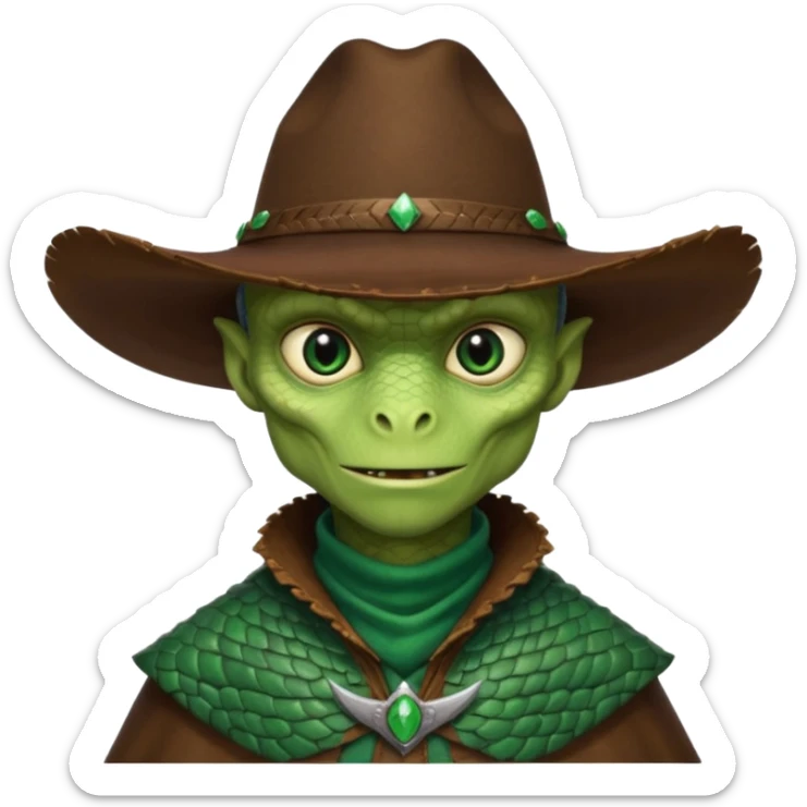 Portrait of a reptilian alien cowboy with textured scales, slit pupils, sharp jawline, dark brown cowboy hat, leather poncho, intense gaze, warm desert lighting, hyper realistic, shallow depth of field, cinematic western atmosphere
 sticker
