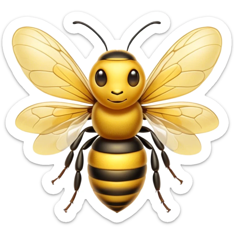 Cinematic Noble Bee Portrait Emoji, Poised and industrious, with a compact, fuzzy body in golden-yellow hues, delicate translucent wings, and a gentle, determined expression with focused eyes, Simplified yet sharp and sophisticated features, highly detailed, glowing with a soft, sunny radiance, high shine, intelligent and diligent, stylized with an air of natural elegance, focused and alert, soft glowing outline, capturing the essence of a watchful and confident bee that appears ready to buzz out of the screen with effortless authority! sticker