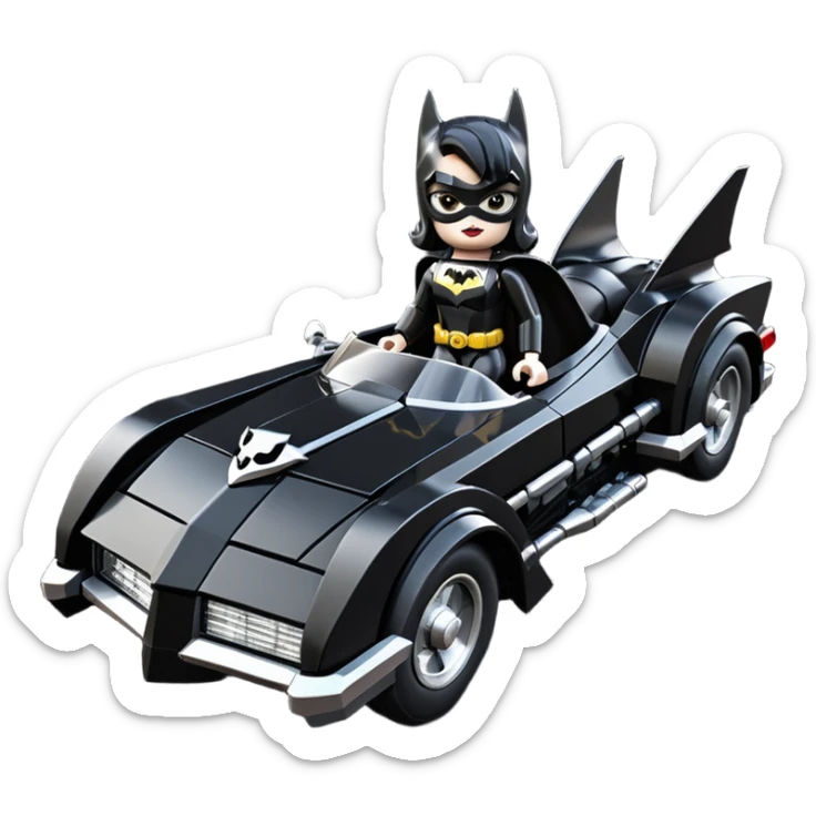  aerodynamic opulent dark knight futuristic concept Catwoman Batgirlmobile loosely based on 1977 Mustang coupe deville roadster racing Lego (flat long straight faceted mechanical body) winged stealthy street hot rod  sticker