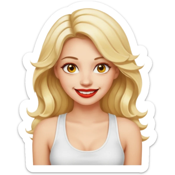 a woman with white tank top and smile, her hair is long wavy blonde hair, her face is baddie girl style, her eyes color are yellow and the color of her lip is soft red sticker