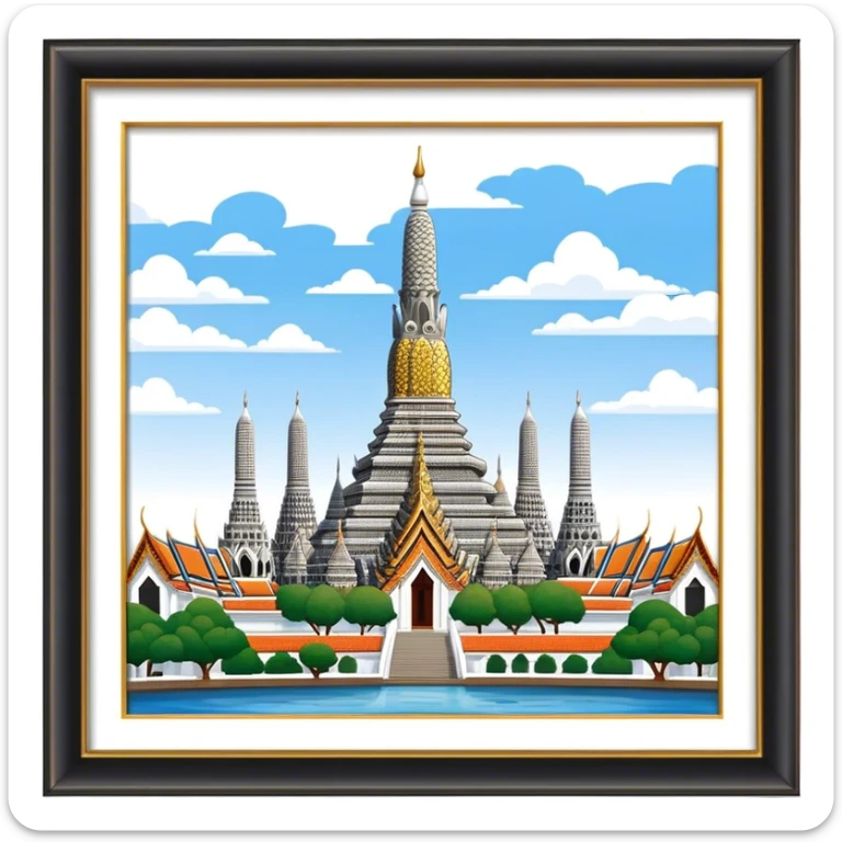 Cinematic Realistic Wat Arun Landmark Emoji, depicting the towering temple spires adorned with intricate porcelain mosaics sticker