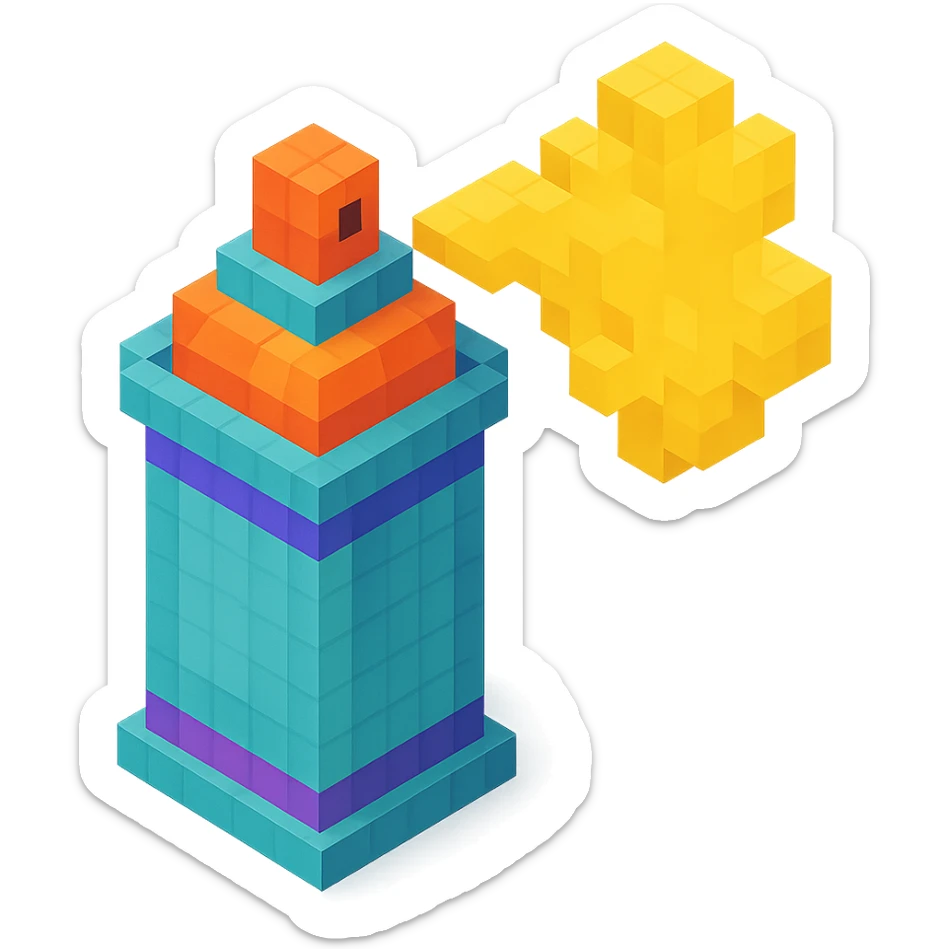 voxel style spray paint can with gold paint, spray coming out, isometric view sticker