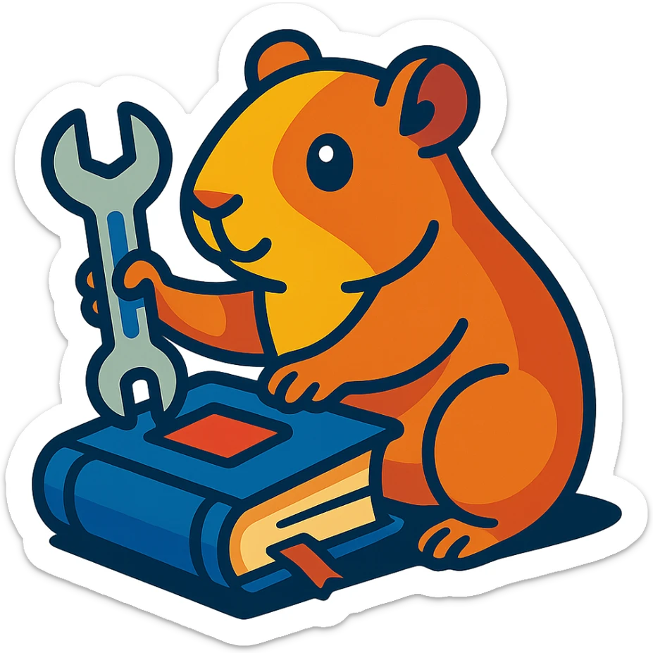 guinea pig holding a wrench and fixing a book, vibrant toon style sticker