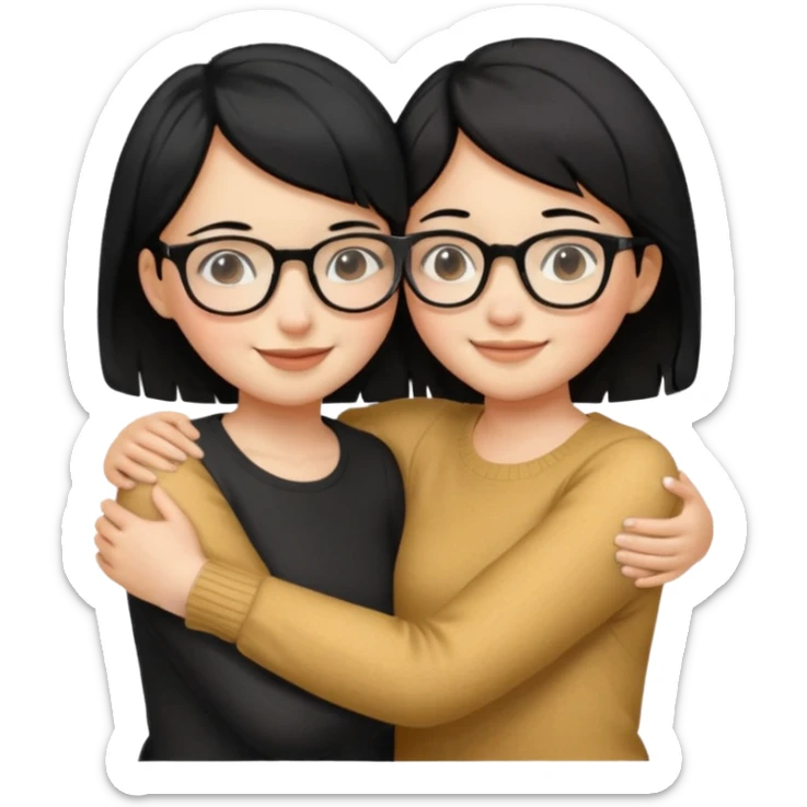 a gif of two wheat skinned girls with black hair, one with glasses hugging each other. the one with glasses is on the left and her right arm is around the one on the right. the right girl has short hair sticker