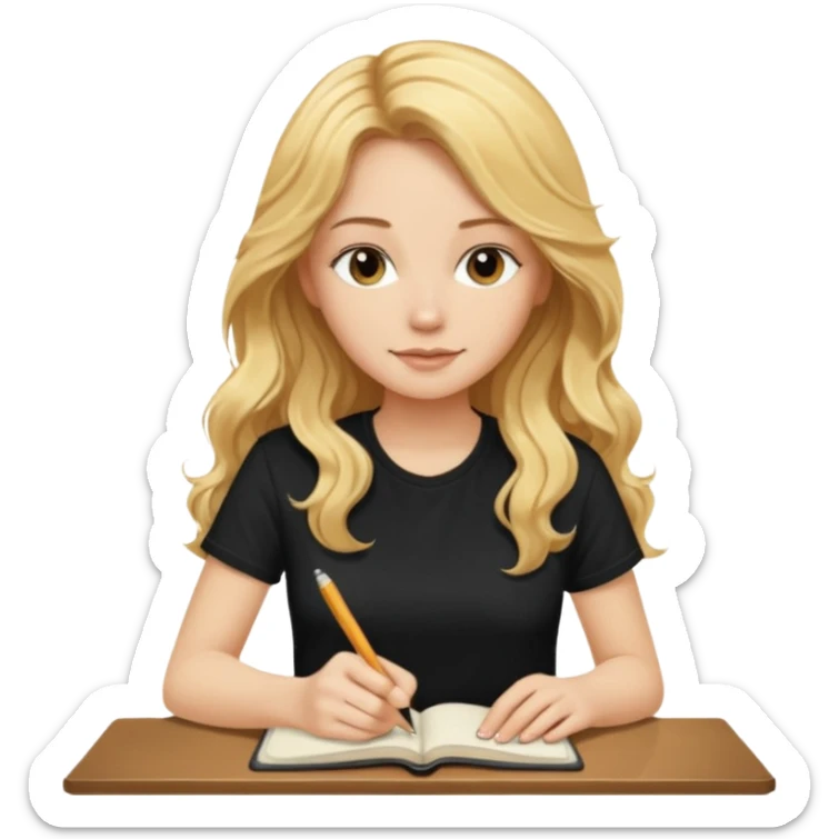 A beautiful blonde with long wavy hair in a black T-shirt sits and writes in a diary with a brown pen without table  sticker