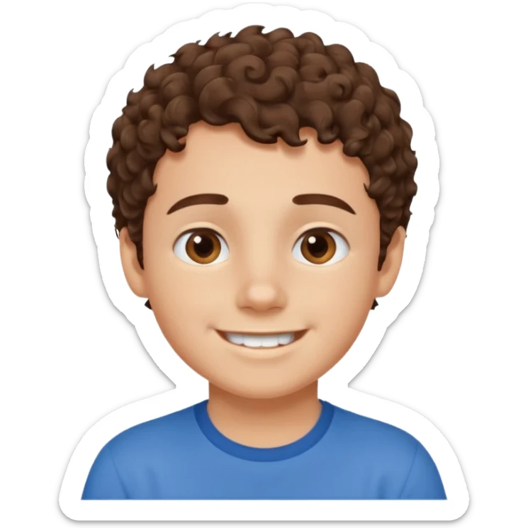 Boy with fair skin, short curly brown hair, brown eyes, smiling without showing his teeth.
 sticker