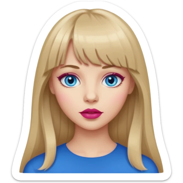 Woman with long dark blond hair and bang, blue eyes, raspberry lip  emoji sticker