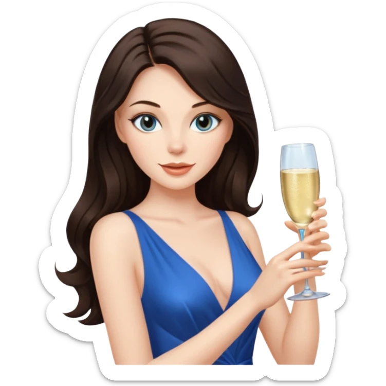 Sexy brunette woman long dark brown hair, hazel eyes, pale skin toasting with champagne in sexy blue dress sticker