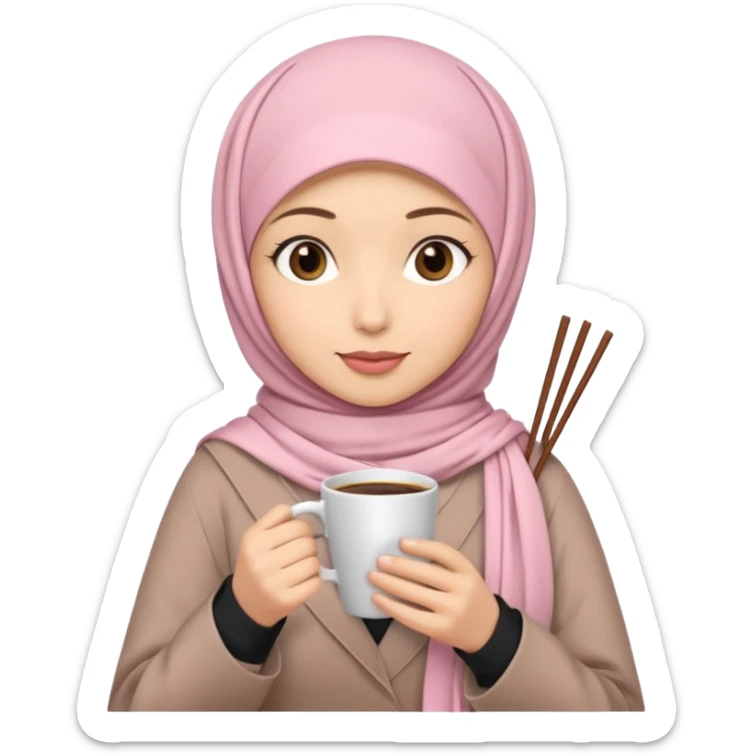 A hijabi girl with light pink hijab and tanned skin holding coffee in one hand and chopsticks in other. Only upper portion of the body shown in IOS format sticker