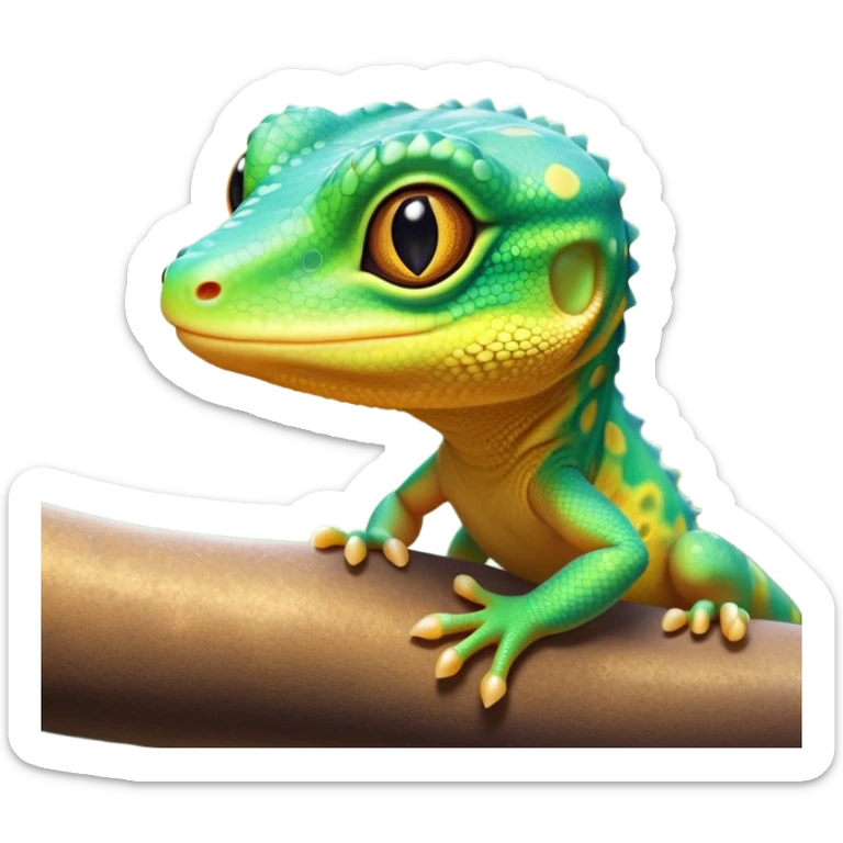 cinematic-cute-realistic gecko-portrait-emoji,-head-tilted-playfully-and-inquisitively,-featuring-a-small,-charming-body-with-smooth,-vividly-patterned-scales,-bright,-sparkling-eyes-and-delicate,-sticky-toe-pads,-simplified-yet-irresistibly-adorable sticker
