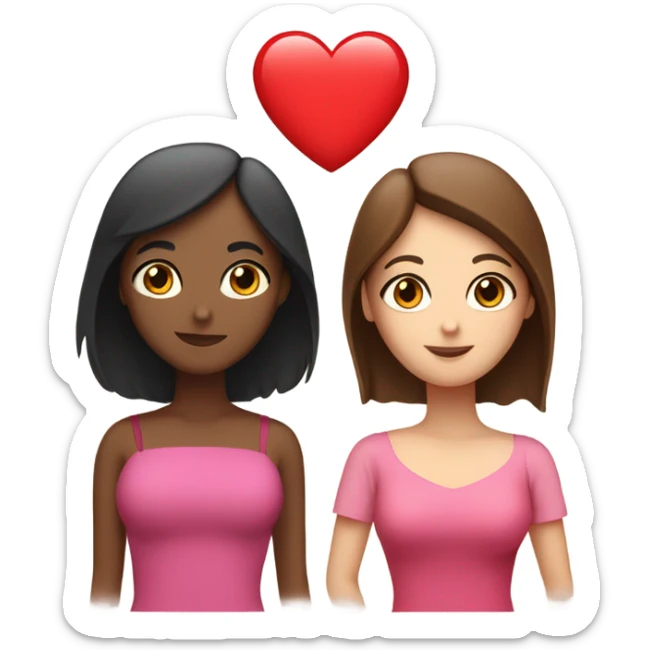 two ladies in love with a heart. the one on the left is a white lady with blue eyes and a brown bob with a pink shirt. the second is a venezuelan lady with brown eyes and dark brown hair with a red dress sticker