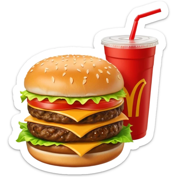 i want a Cheeseburger and Fries with a angle to 15–20° gentle bird’s-eye angle with a cold drink with ice cube with straw with some fries thicker like McDonald's french fries sticker