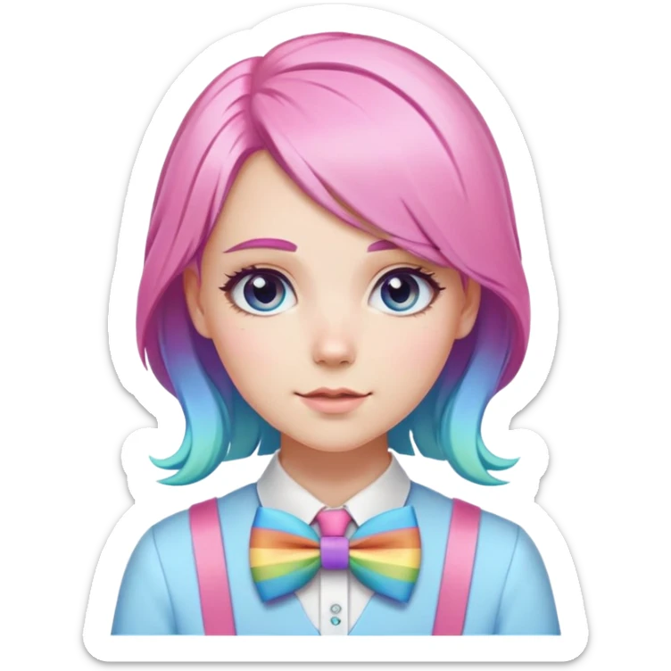 white girl with pastel rainbow hair and pastel rainbow accessories with a pink uniform and a blue bow tie  sticker