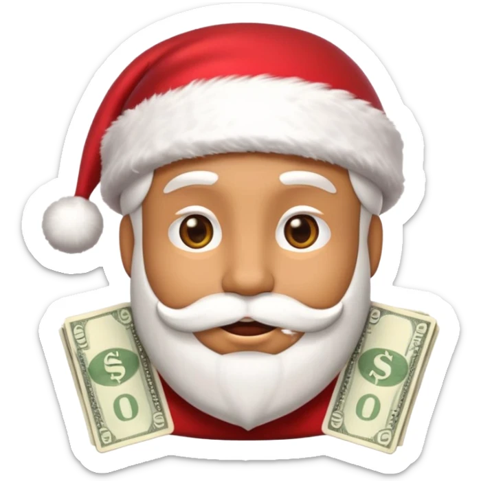 A confident rich emoji face wearing a Santa hat, money stacks, casino vibe, New Year theme, premium 3D emoji style, sharp details, no text, isolated on transparent background sticker